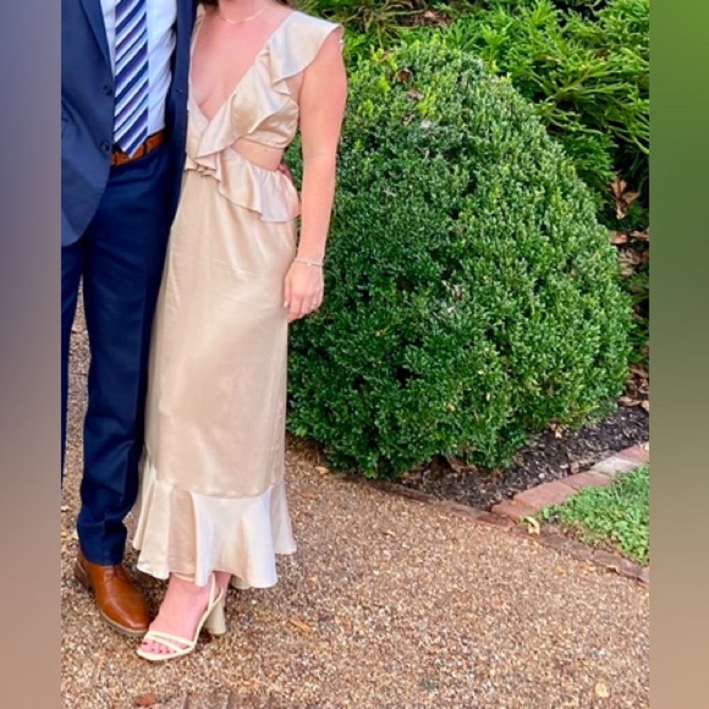 Show me your mumu Zoey midi dress in champagne luxe satin color/material